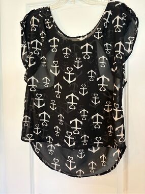 Live 4 Truth Black Sheer Anchor Print Blouse EUC